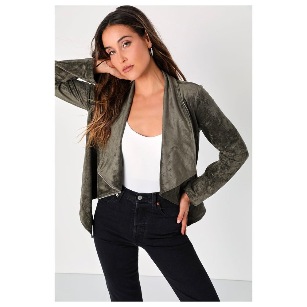 Oliviacious Wild at Heart Olive Green Vegan Suede Moto Jacket - Size Small